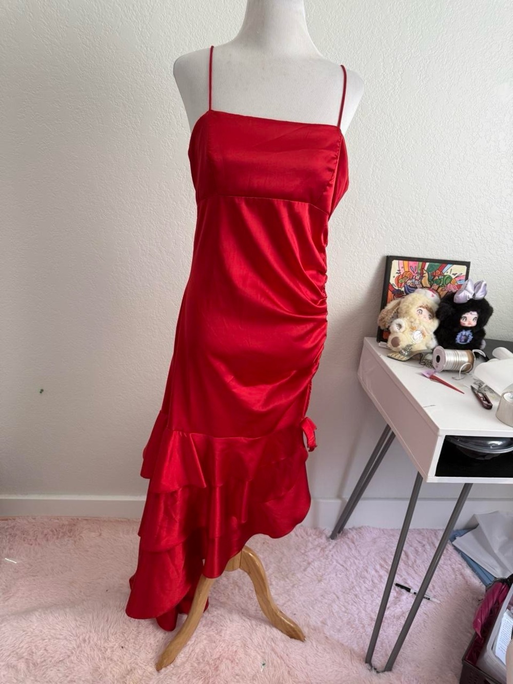 Red Satin Spaghetti-Strap Maxi Dress with Ruffle Hem